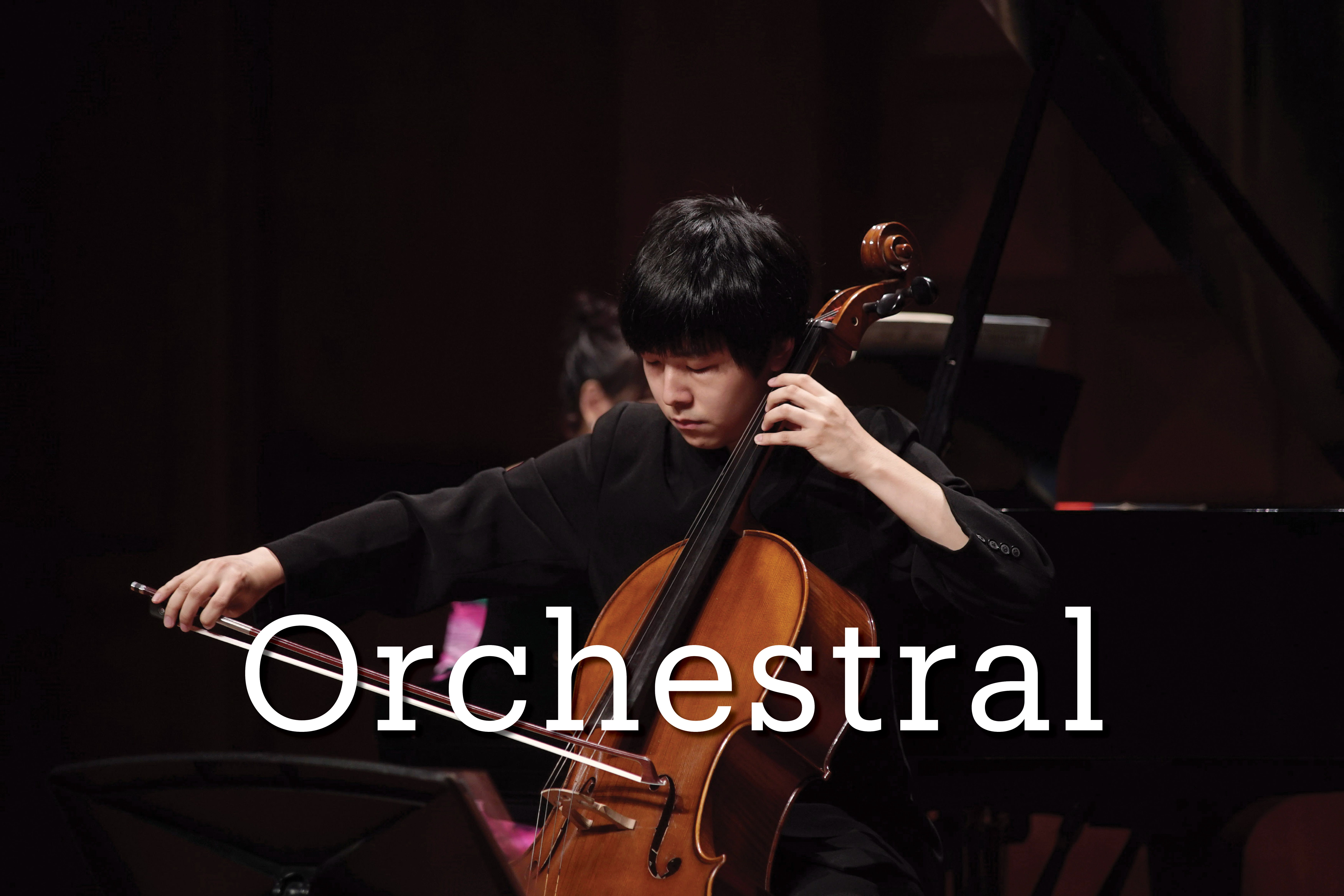 UCSB student playing cello with text overlaid Orchestral